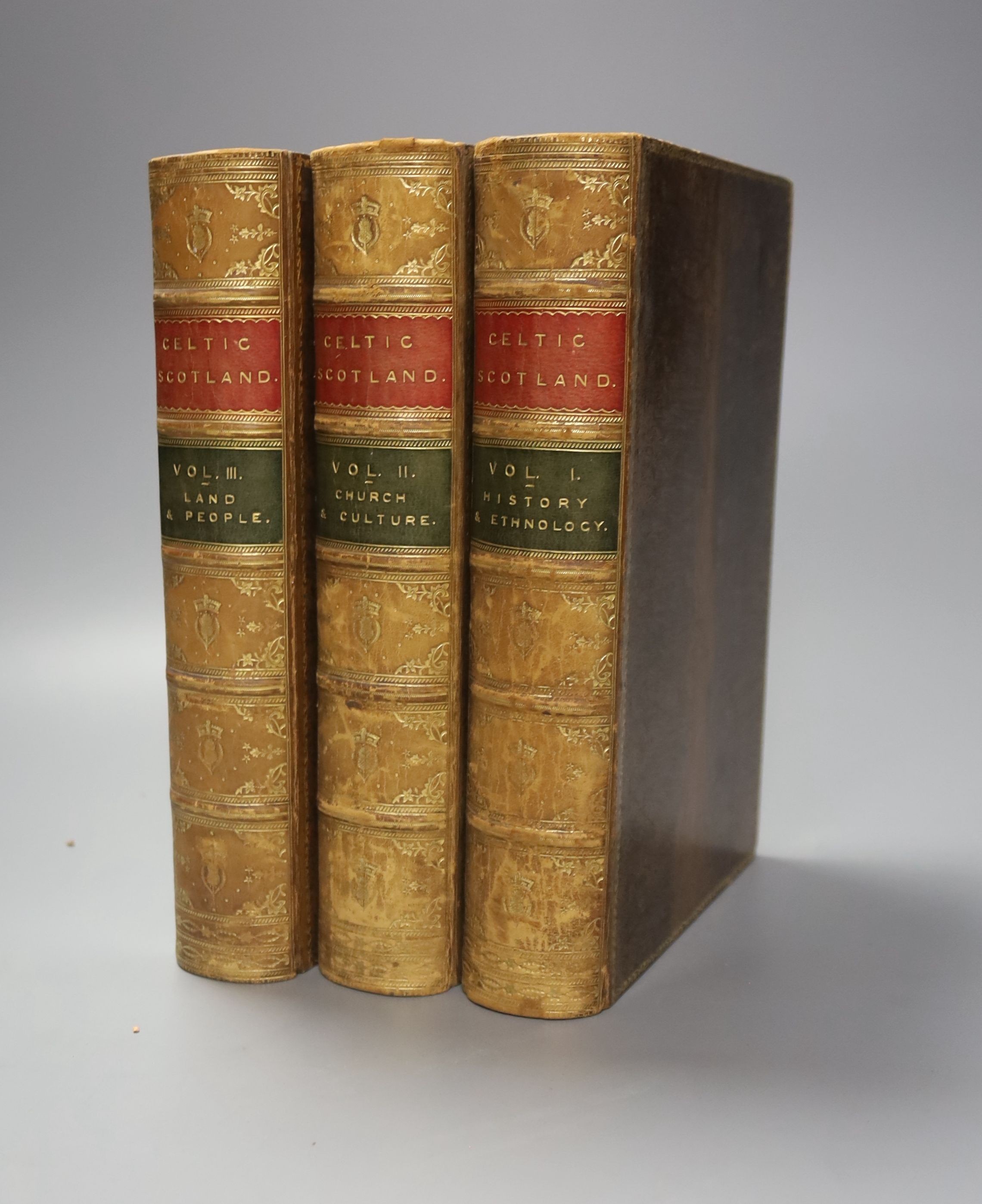 Skene, William F. Celtic Scotland: a history of ancient Alban. 3 vols. 10 coloured maps, half titles; contemp. tree calf with gilt borders, gilt decorated and panelled spines with red and green labels, marbled edges and